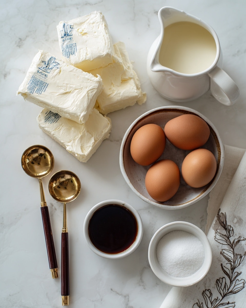 The image shows baking ingredients arranged on a white marbled surface. At the top left, there are four blocks of cream cheese wrapped in white foil with blue text, stacked in a slightly messy way. Near the center is a white bowl with a brown rim holding four brown eggs of different shades. To the right of the eggs, there is a white ceramic pitcher filled with cream. Below the pitcher is a small white bowl holding dark brown vanilla extract. At the bottom left and center, two gold measuring spoons with dark wooden handles contain white sugar, one slightly smaller than the other. A white cloth with a subtle dark leaf pattern is partly visible on the bottom right. Photo taken with an iphone --ar 4:5 --v 7