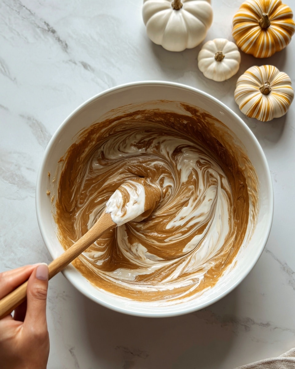 The image shows a white mixing bowl with swirls of thick, creamy mixture inside. The mixture has two main colors: a rich brown and a smooth white, blending together in a marbled pattern. A wooden spoon held by a woman's hand is stirring the mixture, which looks soft and smooth. The bowl sits on a white marbled surface, and in the background, there are small decorative pumpkins in cream, light orange, and yellow with orange stripes, adding a cozy autumn feel. photo taken with an iphone --ar 4:5 --v 7