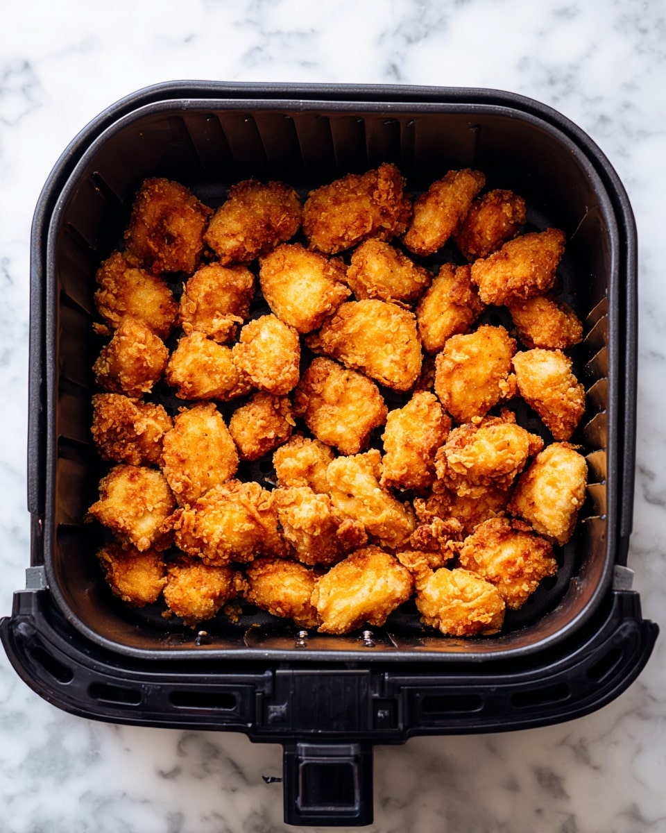 A black square air fryer basket filled with many small, golden-brown crispy fried chicken pieces scattered evenly across the bottom. The chicken pieces are bite-sized with a crunchy texture visible on their surface, showing slight color variations from light to darker brown. The basket is placed on a white marbled textured surface. photo taken with an iphone --ar 4:5 --v 7