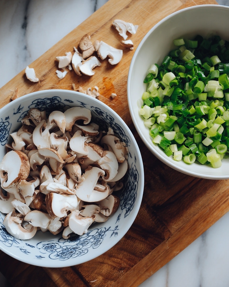 A close-up view shows two bowls on a white marbled surface: the left bowl is white with a blue pattern and filled with thick, uneven slices of light brown and white mushrooms, and the right bowl is white and holds a pile of chopped green onions with a fresh, bright green color. Both bowls sit on a wooden cutting board with some small pieces scattered around. The photo taken with an iphone --ar 4:5 --v 7
