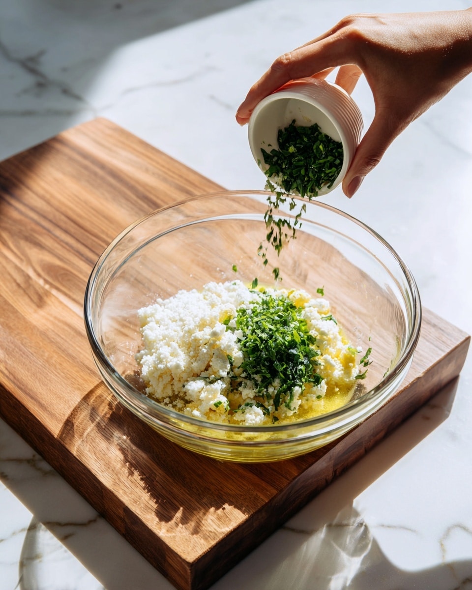 A clear glass bowl sits on a white marbled surface, holding three main layers: a light yellow oily base at the bottom, a scattering of white granular cheese on top, and a pile of chopped green herbs from a small white cup being poured by a woman's hand above. To the right, there is a light brown wooden cutting board with a smooth texture and wood grain visible. The lighting is bright and natural, casting clear shadows from the woman's hand and bowl. photo taken with an iphone --ar 4:5 --v 7