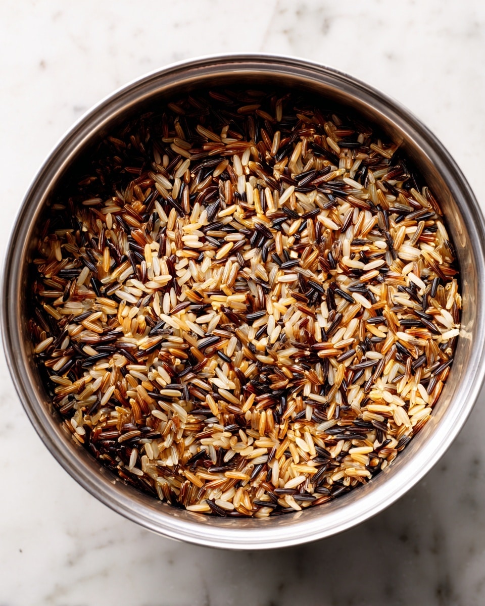 A close-up top view of a metal pot filled with cooked wild rice, showing a mix of long grains in shades of light brown, tan, and dark brown almost black, evenly spread inside the pot. The pot is placed on a white marbled surface. photo taken with an iphone --ar 4:5 --v 7