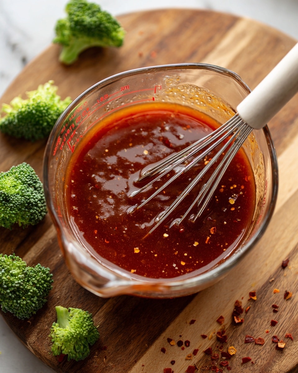 A clear glass measuring cup filled with a reddish-brown sauce showing a glossy, smooth texture with tiny bits, being stirred by a whisk with a white handle positioned inside the cup. The cup is placed on a warm-toned wooden round surface with grooves and some scattered red pepper flakes. Around the measuring cup, there are three small pieces of bright green broccoli with firm texture. The background is a white marbled texture. photo taken with an iphone --ar 4:5 --v 7