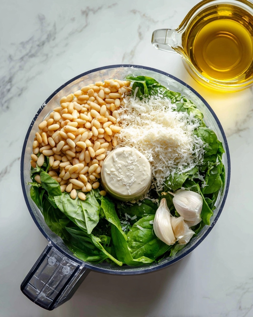 Inside a clear food processor bowl, there is a mix of fresh green basil leaves as the base layer, topped with pale yellow pine nuts scattered on one side. On top of the pine nuts, there is a small pile of finely grated white cheese, and two whole garlic cloves are placed near the cheese. The ingredients rest within the clear round bowl of the food processor, which sits on a white marbled surface. Next to the processor, there is a clear glass measuring cup filled with golden olive oil. photo taken with an iphone --ar 4:5 --v 7