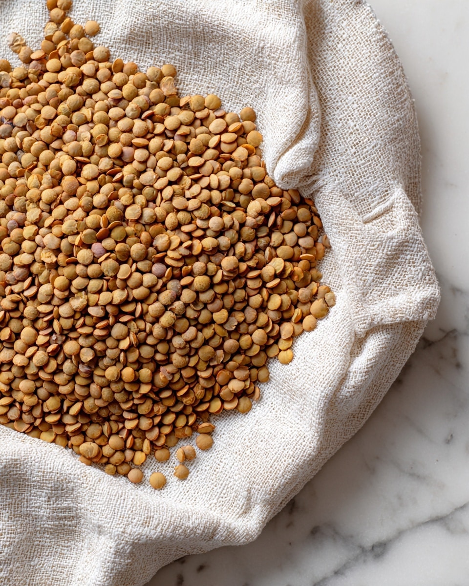 This image shows a close-up of many cooked lentils spread out in one thick layer on a white textured cloth. The lentils are small, round, and light brown with a slightly soft texture. The cloth underneath has a woven, slightly wrinkled pattern, and the background is a clean white marble surface. The lentils cover most of the cloth, with some spilling over the edges. Photo taken with an iphone --ar 4:5 --v 7