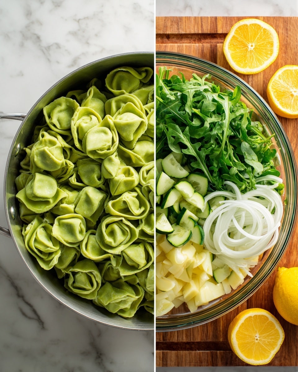 The image shows two parts: on the left, a metal pot filled with many green herb-covered tortellini pasta pieces with a smooth and slightly shiny texture. On the right, a clear glass bowl placed on a round wooden board, filled with fresh salad ingredients arranged in separate sections: bright green arugula leaves, curly white onion rings on top, chopped dark green cucumber pieces, and light yellow slices of a squash-like vegetable. Above the bowl are two halves of a yellow lemon resting on a white marbled surface. photo taken with an iphone --ar 4:5 --v 7