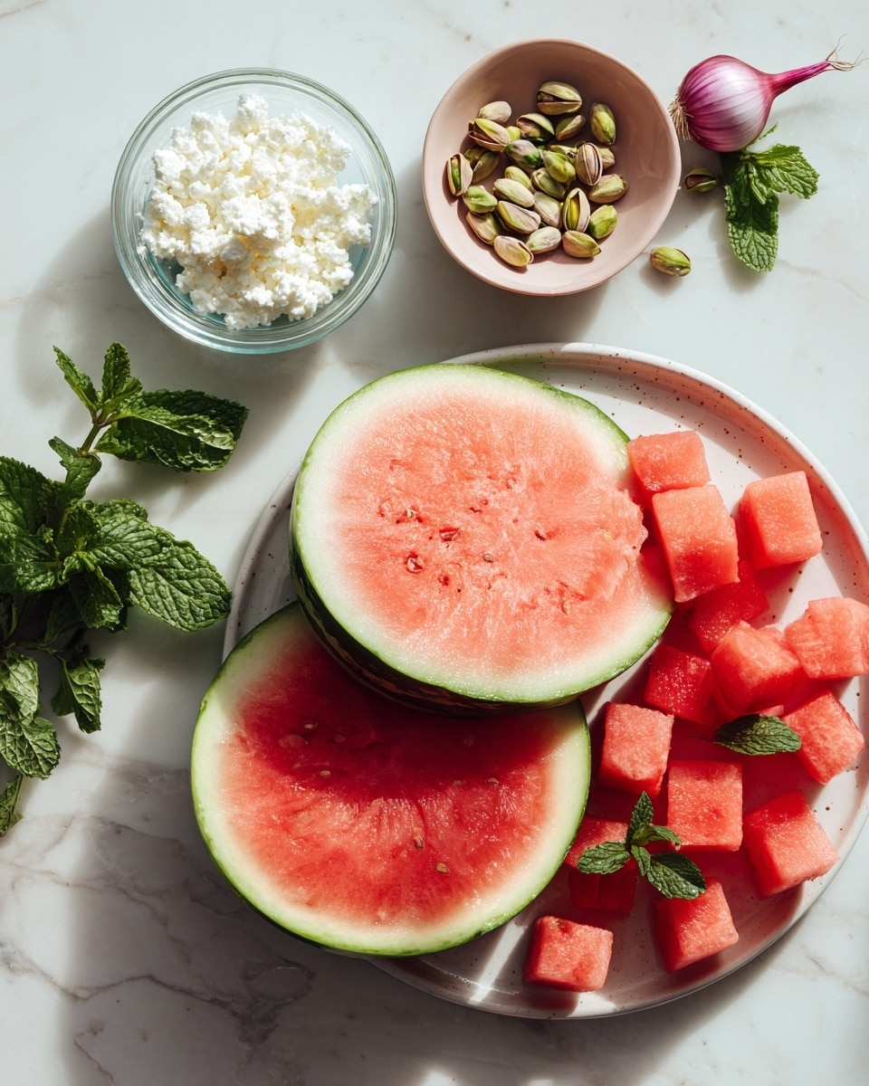 The image shows two halves of a watermelon with bright red flesh and green rind placed on a white marbled surface. Next to them is a small clear bowl filled with white crumbled cheese and a light pink bowl of green pistachios. A whole shallot with purple skin is placed near fresh green mint leaves. The second part of the image shows many small bright red watermelon cubes arranged on a white plate with green mint leaves nearby. The scene is bright and fresh with clean, sharp colors. Photo taken with an iphone --ar 4:5 --v 7