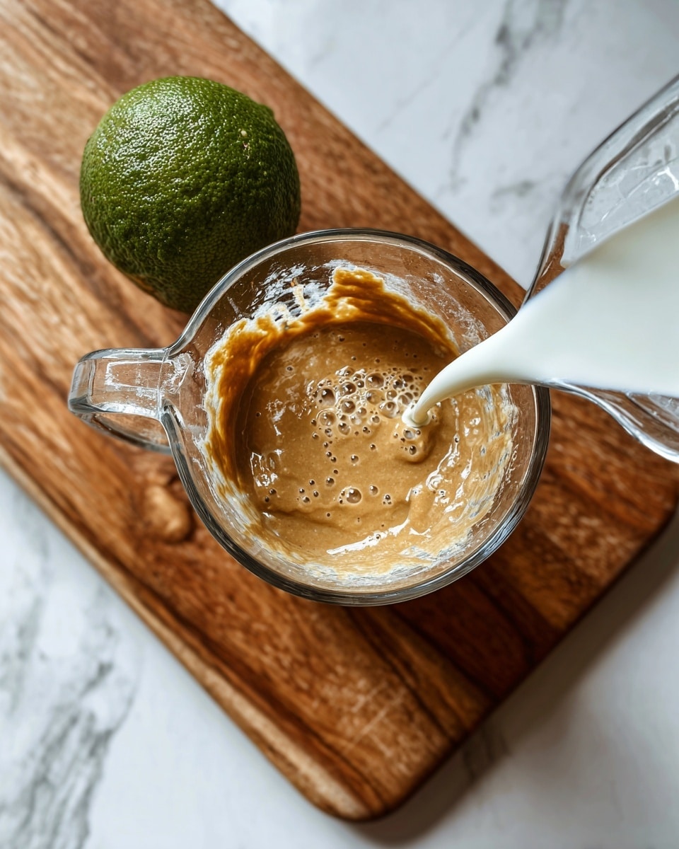 A clear glass measuring cup sits on a wooden board with a white marbled background, filled partially with a thick light brown paste. From above, a white liquid is being poured into the measuring cup, creating small bubbles and mixing with the paste. In the background, there is a whole round lime with a rough, green skin. Photo taken with an iphone --ar 4:5 --v 7