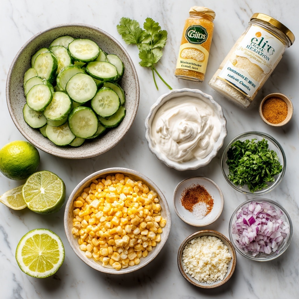 A clear glass bowl filled with a fresh cucumber salad, showing two main layers: the bottom layer is a creamy white dressing mixed with corn kernels that are bright yellow, and the top layer has green cucumber slices with rough edges, mixed with small pieces of purple onion and green herbs. A wooden spoon is partly visible on the right side, mixing the salad. The salad is sprinkled with a light dusting of brown spices on top. The bowl sits on a white marbled surface. photo taken with an iphone --ar 4:5 --v 7