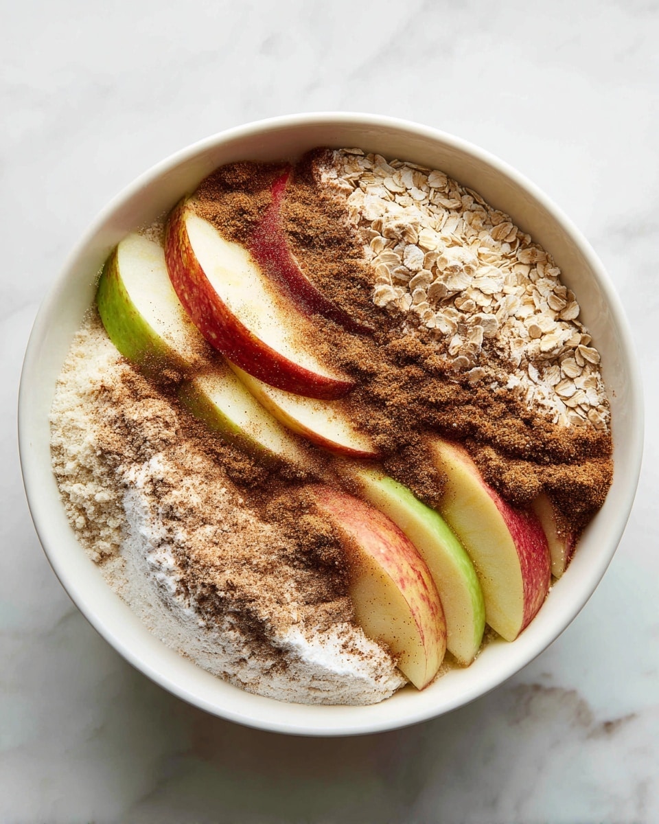 A white bowl filled with thinly sliced apple layers arranged around the edges. On top of the apples, there are several layers of light brown cinnamon powder, white flour, and some oatmeal scattered unevenly. The bowl sits on a white marbled surface. The colors show green and red apple skin peeking through the spices and flour, giving a mix of natural and soft powdery textures. Photo taken with an iphone --ar 4:5 --v 7