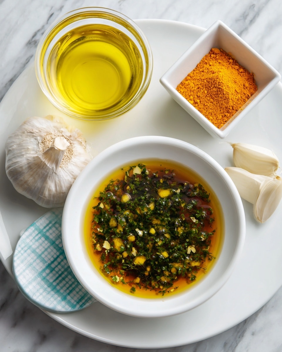 A white plate holds a smaller white bowl with a mix of liquid and herbs, showing a clear brown broth with green flecks scattered on its surface. To the side, there is a clear glass filled with light yellow oil, a small square white bowl containing a bright orange powder, and a head of garlic resting on a light blue checked lid. Everything is placed on a white marbled surface. photo taken with an iphone --ar 4:5 --v 7