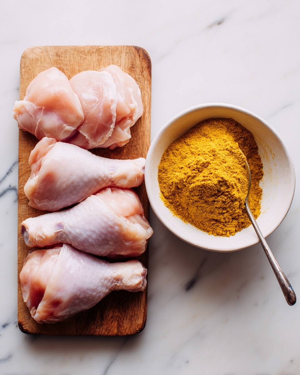 The image on the left shows raw chicken pieces placed in a row on a wooden board, with each piece pale pink and smooth in texture. The image on the right shows a white bowl containing a mixture of white flour and golden-yellow curry powder, with a metal spoon resting inside the bowl on the right side. The background is a clean white marbled surface. photo taken with an iphone --ar 4:5 --v 7