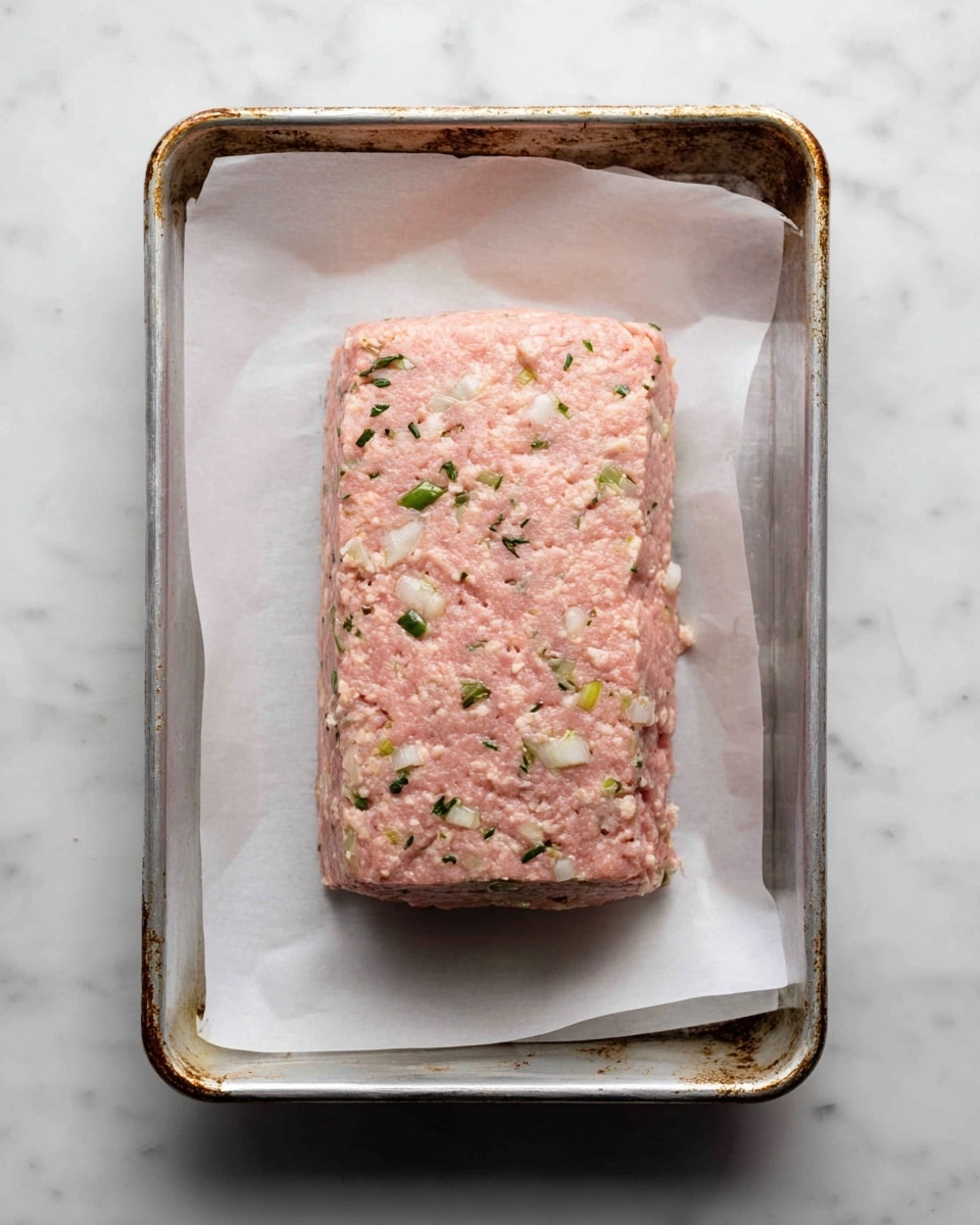 The image shows a raw meatloaf placed on white baking paper inside a metal baking tray with a slightly rusty rim. The meatloaf is shaped like a thick rectangle with rounded edges, showing a mixture of light pink ground meat mixed with small pieces of green herbs and white onion bits. The texture looks moist and slightly coarse, with uneven small indentations on the surface. The baking tray is set on a white marbled surface. Photo taken with an iphone --ar 4:5 --v 7