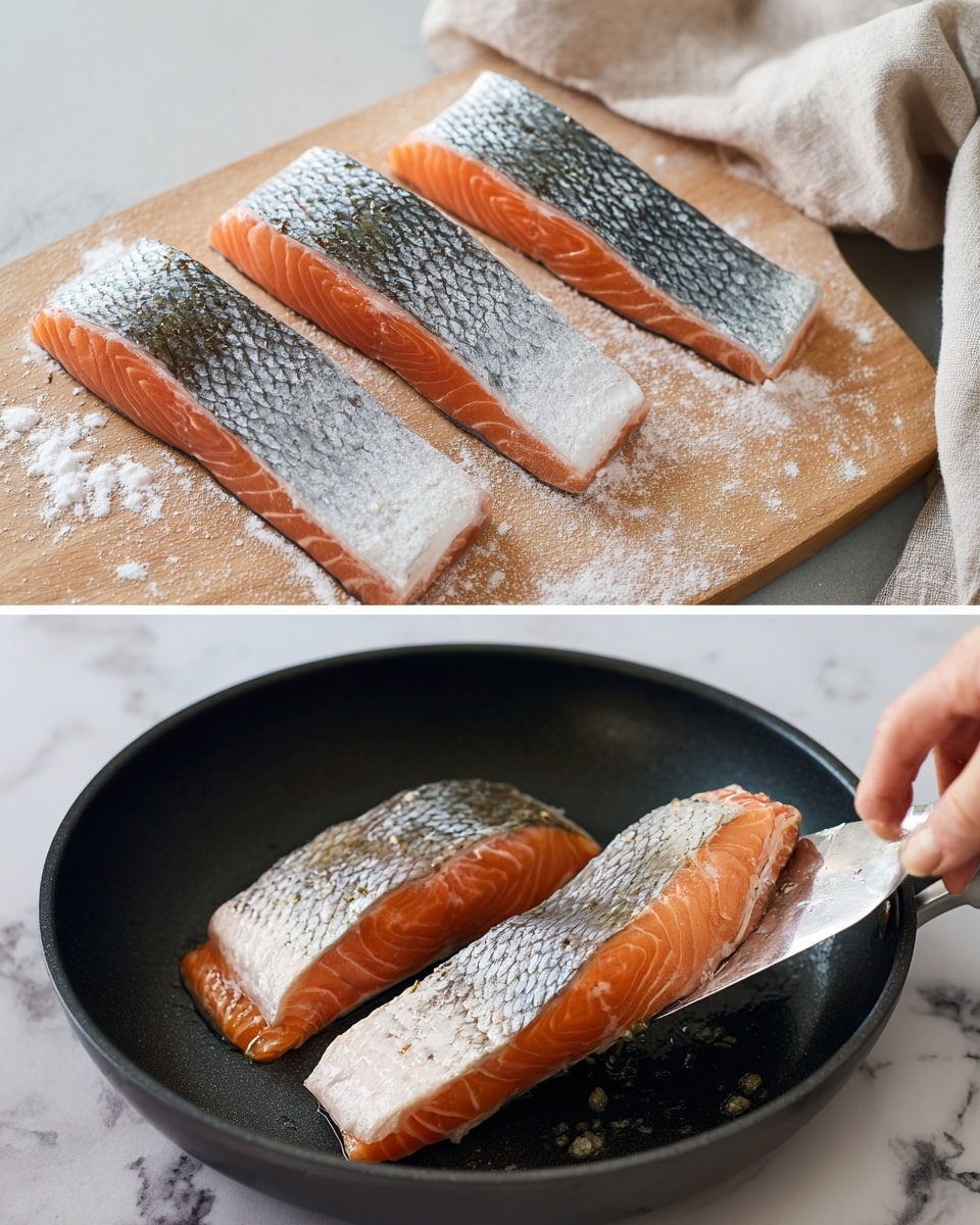 The first image shows three raw salmon fillets with silvery, scaled skin facing up, placed in a row on a light wooden surface with some white flour sprinkled lightly on them. In the second image, the same fillets are cooked and placed skin-side down in a black pan; the salmon flesh is a bright orange color with a slight shine, and a woman's hand is lifting one piece with a spatula. The background includes a soft cloth and a white marbled texture surface. photo taken with an iphone --ar 4:5 --v 7