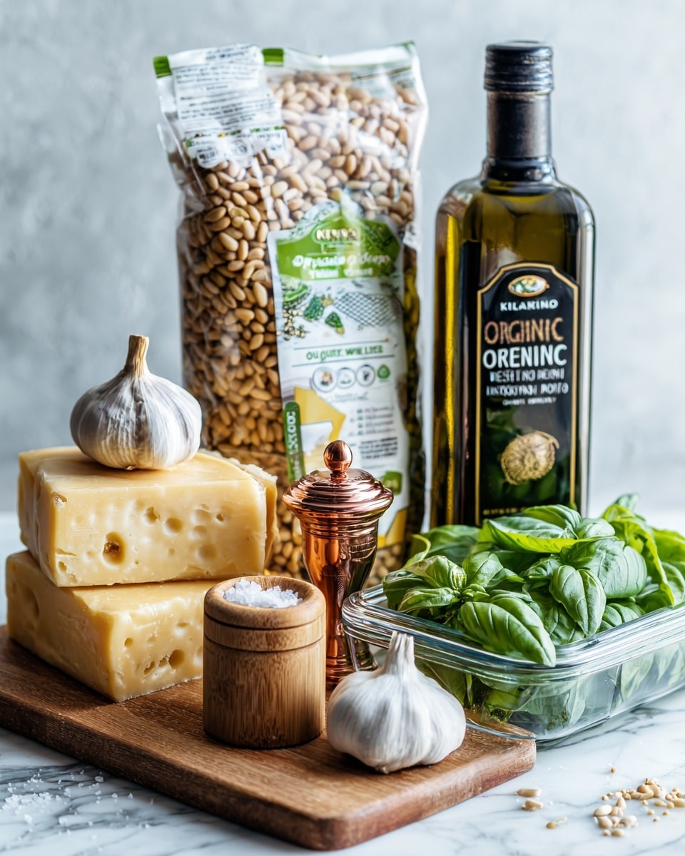 The image shows several cooking ingredients arranged on a white marbled surface. At the front center, there is a small wooden container with a lid, likely holding salt. To its right, a whole garlic bulb is placed next to a copper pepper grinder. Behind these, on the right side, there is a clear plastic container filled with fresh green basil leaves. On the left side, there are two blocks of cheese with yellowish surfaces and plastic packaging labeled Kirkland. Behind the cheese, a bag of organic pine nuts stands upright with a green and white package design. To the right of that bag, a large dark green bottle of organic extra virgin olive oil is placed. The background wall is light-colored, providing a clear contrast to the ingredients. photo taken with an iphone --ar 4:5 --v 7