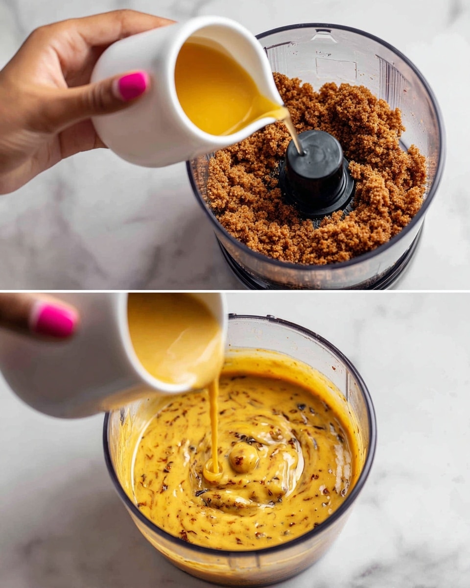 The image shows two close-up views of a food processor on a white marbled surface. In the top part, a woman's hand with pink nail polish holds a white measuring cup pouring a golden liquid over light brown crumbly ingredients that fill the bowl around the black central blade. In the bottom part, the processed mixture inside the clear bowl has blended into a smooth, thick sauce with a warm yellow-orange color and small dark specks, with the black blade partly visible in the center. Photo taken with an iphone --ar 4:5 --v 7