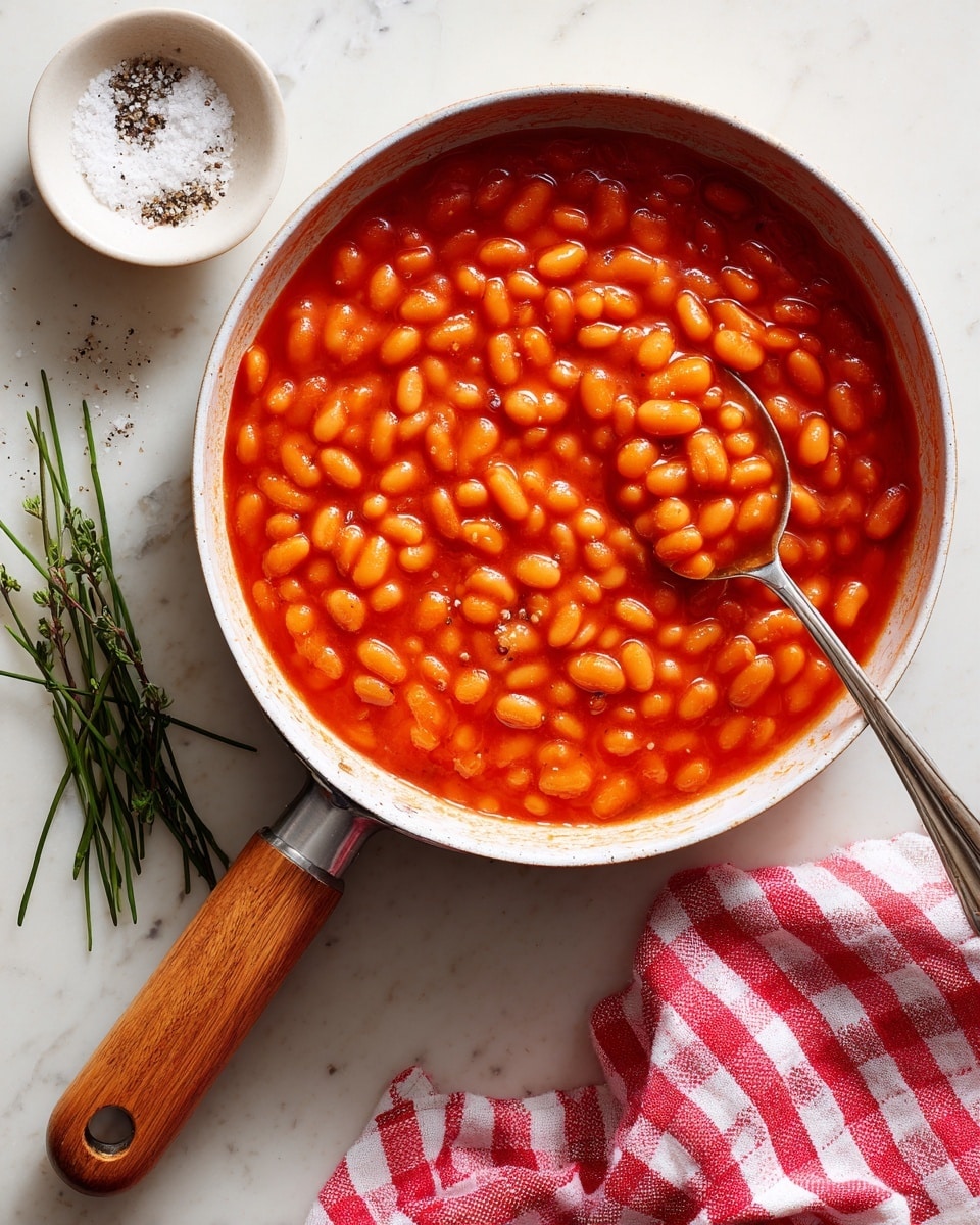 A small white saucepan with a wooden handle is filled with bright orange baked beans in a thick, shiny red sauce. The beans are evenly spread inside the pan with some visible sauce around them. To the left, there is a white bowl with pepper and salt, and a few green chives on the white marbled surface. In the bottom right corner, a red and white checkered cloth is partly visible. photo taken with an iphone --ar 4:5 --v 7