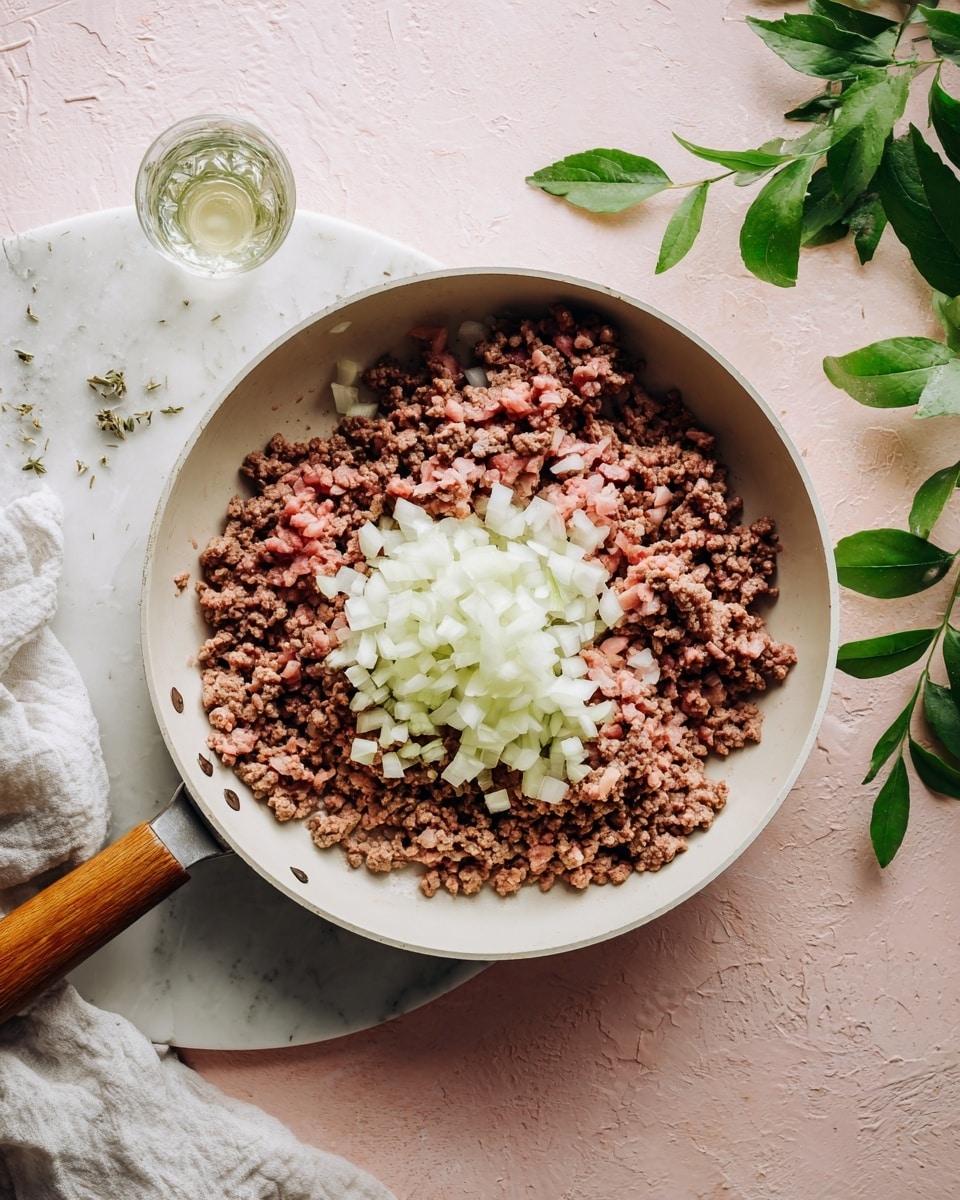 A white pan with a wooden handle sits on a white marbled surface, filled with cooked ground meat that is brown with some pink parts, showing it is partly cooked. In the center of the pan, there is a pile of chopped white onions. The pan is surrounded by a light pink textured background, with a green leafy herb and a glass of clear liquid off to the side. A white cloth is also slightly visible at the top left corner. photo taken with an iphone --ar 4:5 --v 7