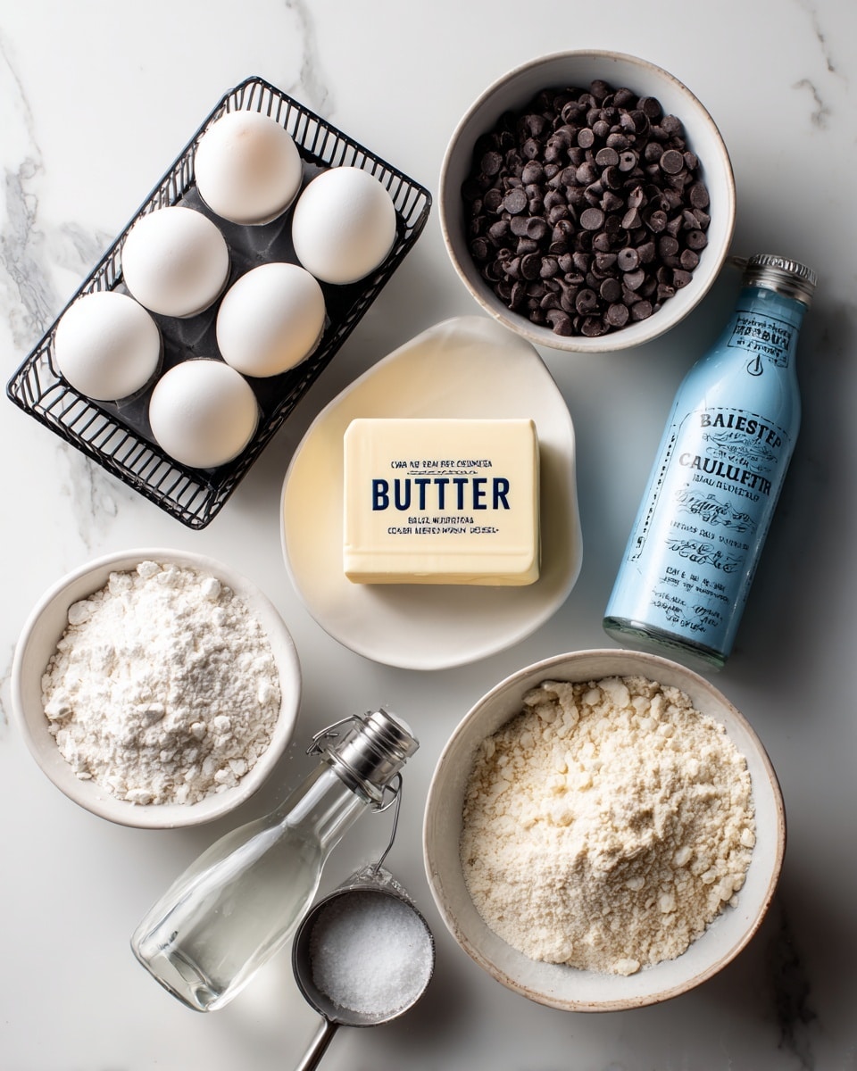 The image shows baking ingredients arranged on a white marbled surface. There are four white eggs in a black wire holder at the top left. Below them, a white bowl filled with dark brown chocolate chips sits next to a white rectangular block of salted butter with
