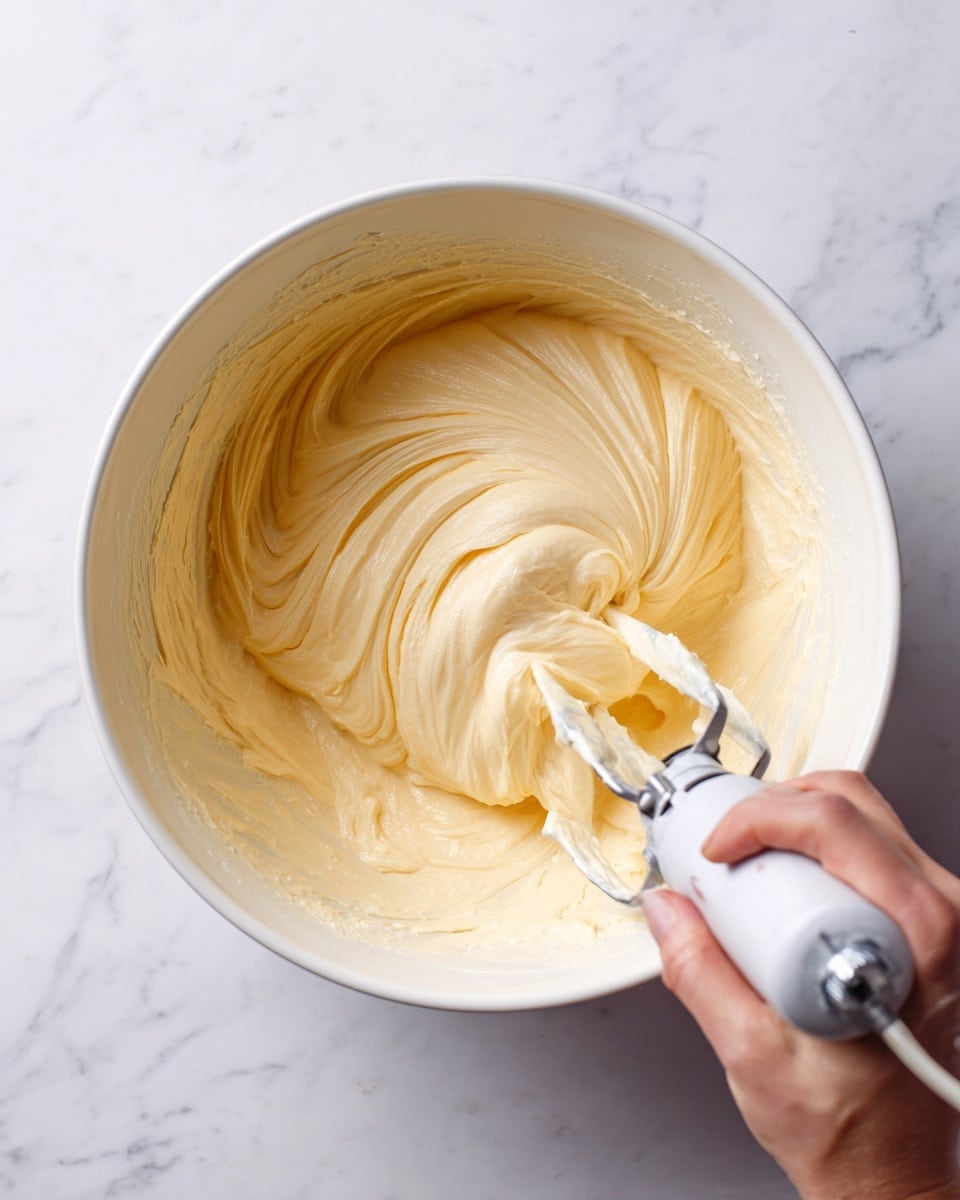 The image shows a close-up of a bowl filled with a smooth, creamy mixture with a pale yellow color being stirred by a kitchen mixer. The mixture appears thick and airy, with soft folds and swirls created by the mixing process. The bowl is shiny and white, resting on a white marbled surface. A woman's hand is holding the mixer handle gently as the beats mix the contents. The light reflects softly off the creamy surface, highlighting the texture and motion of the batter. photo taken with an iphone --ar 4:5 --v 7