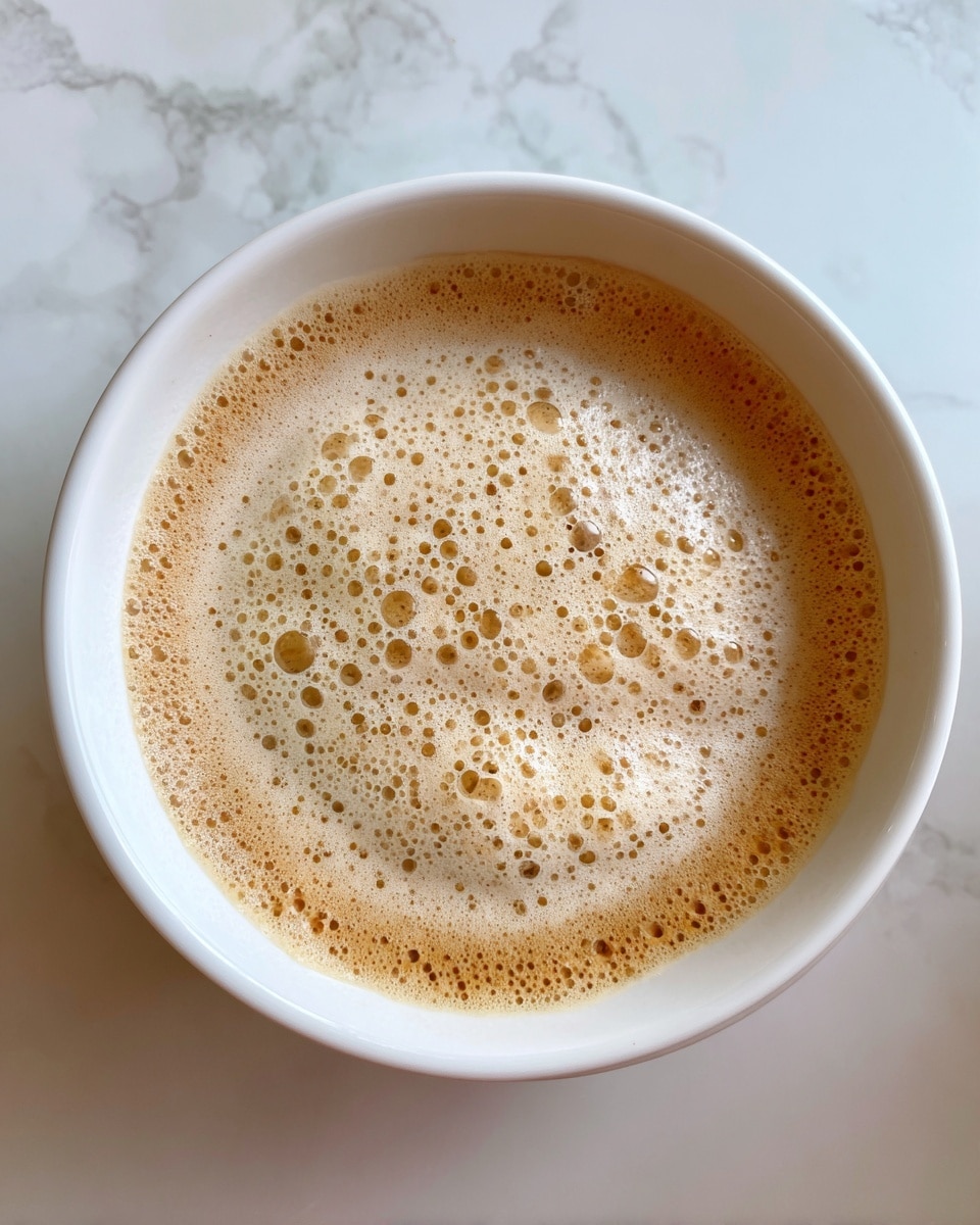The image shows a close-up of a white bowl filled with a light brown, foamy mixture. The surface has small air bubbles and a slightly uneven texture. The bowl is placed on a white marbled surface. Photo taken with an iphone --ar 4:5 --v 7