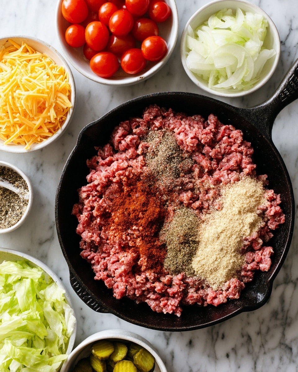 A black cast iron skillet filled with one thick layer of raw ground beef, spread evenly across the bottom. The beef is sprinkled with two different powders: a light beige seasoning covering much of the right side and a darker reddish spice mainly on the left side. Around the skillet, on a white marbled surface, there are four white bowls containing separate ingredients: chopped pale green lettuce, sliced pickles, halved cherry tomatoes, and shredded yellow cheese. Photo taken with an iphone --ar 4:5 --v 7