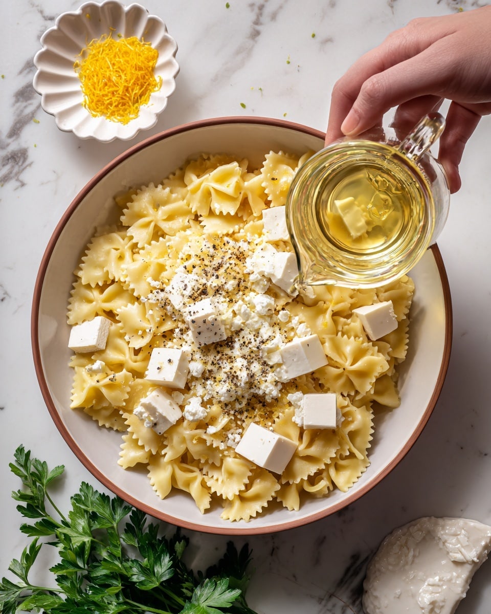 A top view of a bowl filled with square, ruffled-edge pasta in a pale yellow color. On top of the pasta, there are several white cubes of soft cheese, a sprinkle of light brown powder, and a mix of black and white cracked pepper. A woman's hand is pouring a clear liquid from a glass measuring cup into the bowl. The bowl is white with a light brown rim and sits on a white marbled surface. Nearby, a small white scalloped dish holds some grated yellow zest, and a sprig of fresh green parsley rests on the marbled surface below the bowl. Photo taken with an iphone --ar 4:5 --v 7