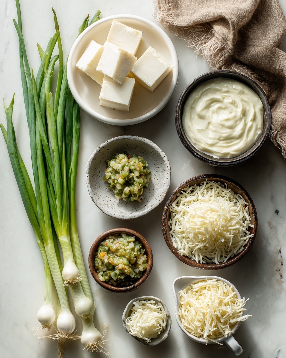 The image shows seven small containers and a bunch of green onions arranged on a white marbled surface. In the top left, a white bowl holds several large white cubes. To the right, a dark bowl contains smooth, creamy white sauce swirled on top, next to a folded brown cloth. Below the white cubes, there are fresh green onions with long green stalks and white bulbs. Near the center, a small speckled gray bowl holds a white powder. Below that, a dark bowl is filled with white shredded cheese. To its right, a rustic brown bowl contains shredded white meat. In the bottom left, a small dark bowl holds a chunky green and yellow salsa or relish. Finally, at the bottom right, a white measuring pitcher is filled with pale yellow shredded cheese. The image has bright natural light and soft shadows. Photo taken with an iphone --ar 4:5 --v 7