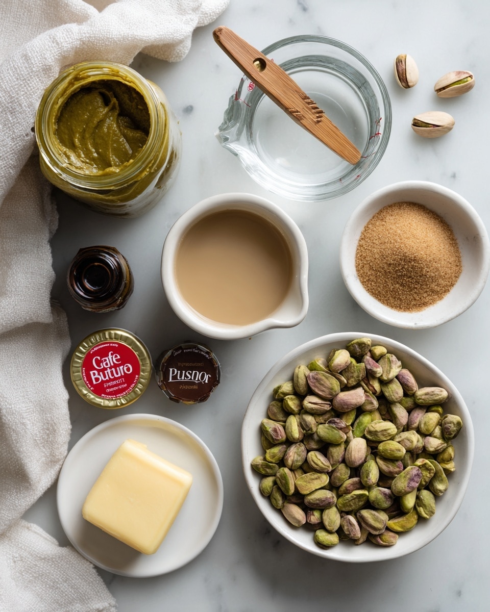 The image shows several ingredients arranged on a white marbled surface. There is a white bowl filled with greenish-brown pistachios on the right side, a glass measuring cup with light beige liquid near the center, and a small white bowl with brown sugar scoops slightly left of center. A small plate holds a square piece of pale yellow butter near the bottom center, next to two small coffee pods labeled
