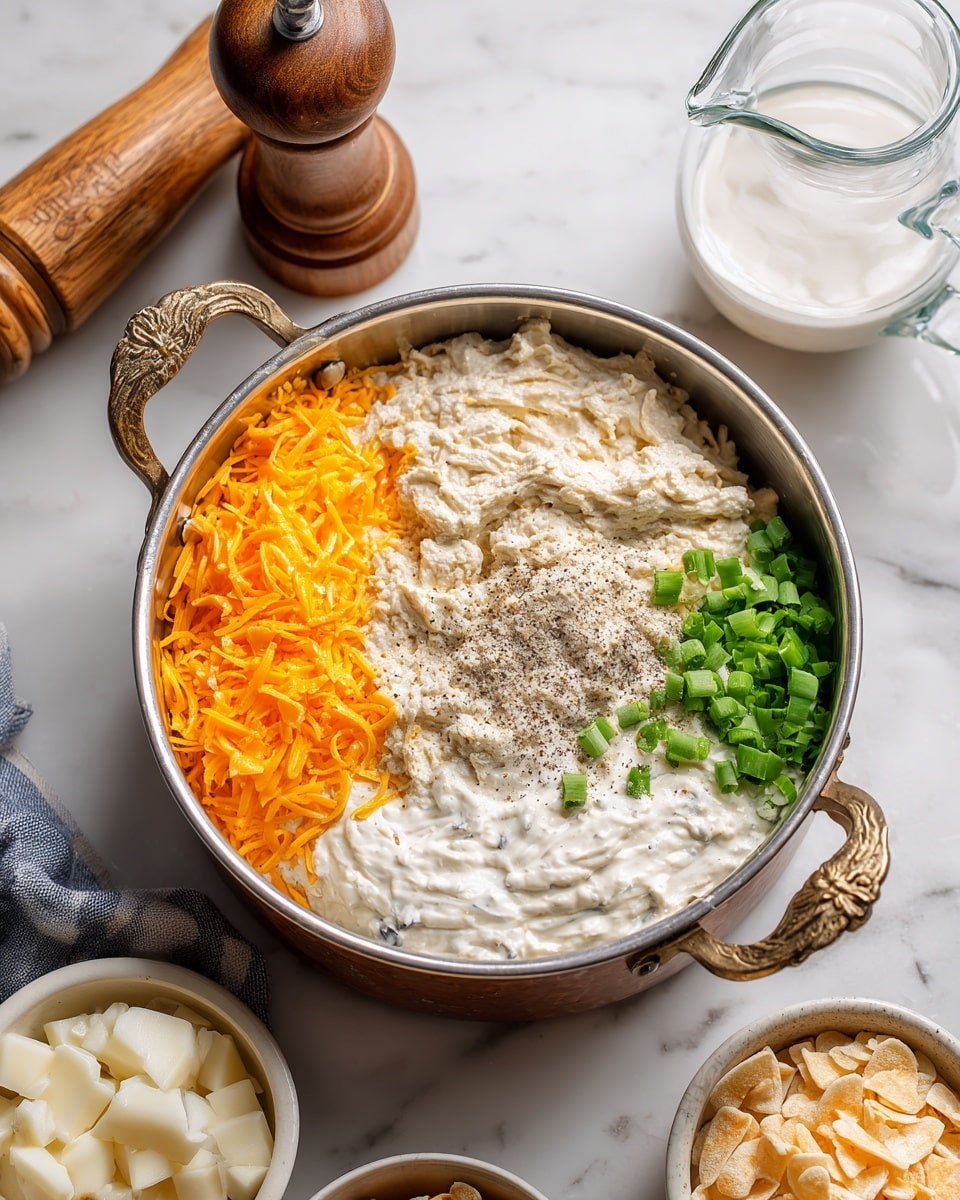 In a silver mixing bowl with bronze handles, there are four visible layers placed side by side: bright orange shredded cheese on the left, smooth and white sour cream next to it, a thick, lumpy light grayish-beige mixture sprinkled with black pepper in the middle, and finely chopped green onions on the right. The bowl is set on a white marbled surface, with a wooden pepper grinder, a clear glass pitcher, and bowls of cereal flakes and diced white potatoes nearby but outside the bowl. Photo taken with an iphone --ar 4:5 --v 7