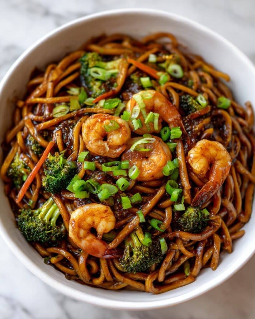 Shrimp and Udon Noodles with Broccoli Slaw in Savory Sauce Recipe