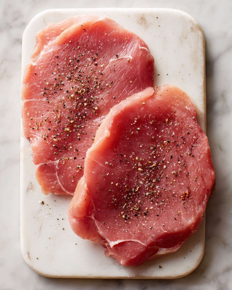 Two raw, thin pieces of pink meat sit side by side on a white cutting board with rounded edges. Both pieces are sprinkled with coarse black pepper. The meat has a moist and slightly shiny texture with soft edges and uneven shapes. The background is a white marbled surface. photo taken with an iphone --ar 4:5 --v 7