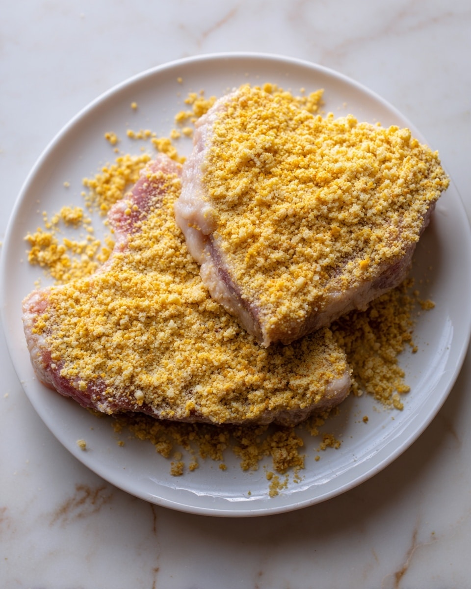 On a white plate with a white marbled background, there are two pieces of raw meat coated in a thick, uneven layer of light tan and yellow crumb mixture. Each piece has a rough texture from the crumbs and irregular edges. The crumb layer covers the top and sides of the meat, creating a coarse surface with small clumps scattered around. Photo taken with an iphone --ar 4:5 --v 7