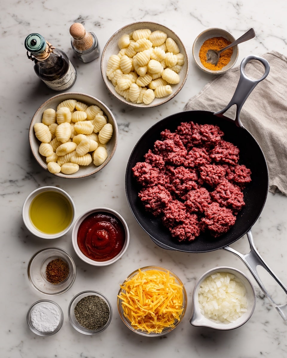 The image shows a black frying pan with two main layers of food inside. The bottom layer consists of small, white, chopped onion pieces spread evenly across the pan. On top of the onions, there are chunks of raw, bright pink ground meat scattered unevenly in the center and edges. Some black ground pepper is sprinkled over both the meat and onions, adding tiny black specks throughout. The pan is set on a white marbled surface. Photo taken with an iphone --ar 4:5 --v 7