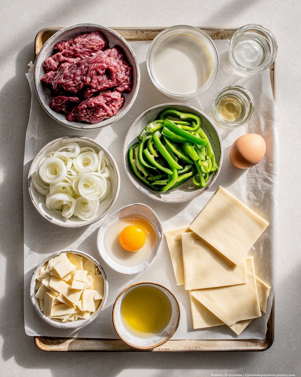 The image is divided into three parts showing steps of cooking. The top part shows a piece of cooked dark brown meat with a slightly crispy texture in the center of a white pan with some oil around it. The middle part shows cooked green bell pepper strips and white onion slices mixed together in the same white pan with some brown bits on the bottom. The bottom part shows two rows of uncooked round dough pieces placed on top of larger square dough pieces, all on a white marbled surface dusted with flour. Photo taken with an iphone --ar 4:5 --v 7