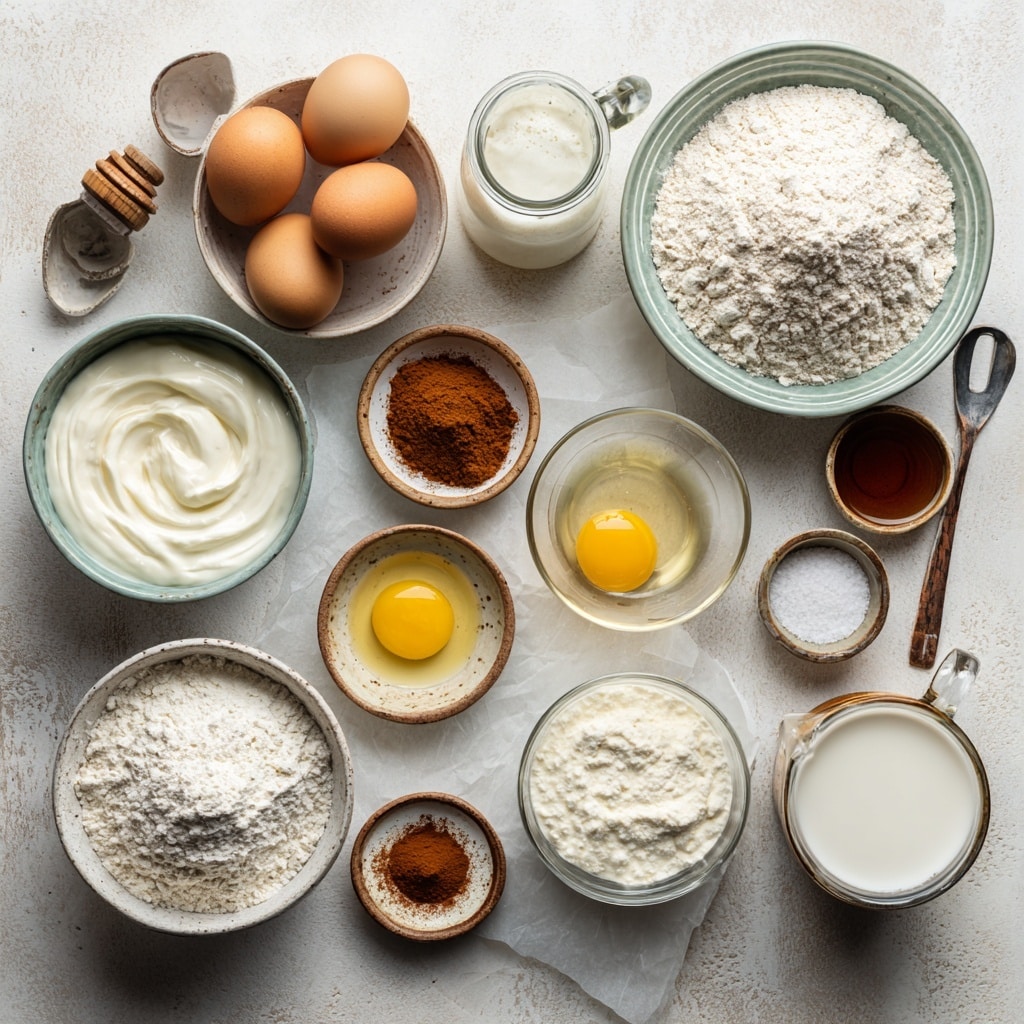 A clear glass bowl placed on a white marbled surface holds layers of ingredients ready to mix: in the bottom, a creamy white liquid, partially covered by a pile of light brown powder; next to it, three whole raw egg yolks with bright orange color; several piles of white powders and a dollop of thick white cream sit near the eggs, creating a mix of smooth and powdery textures across the bowl. photo taken with an iphone --ar 4:5 --v 7
