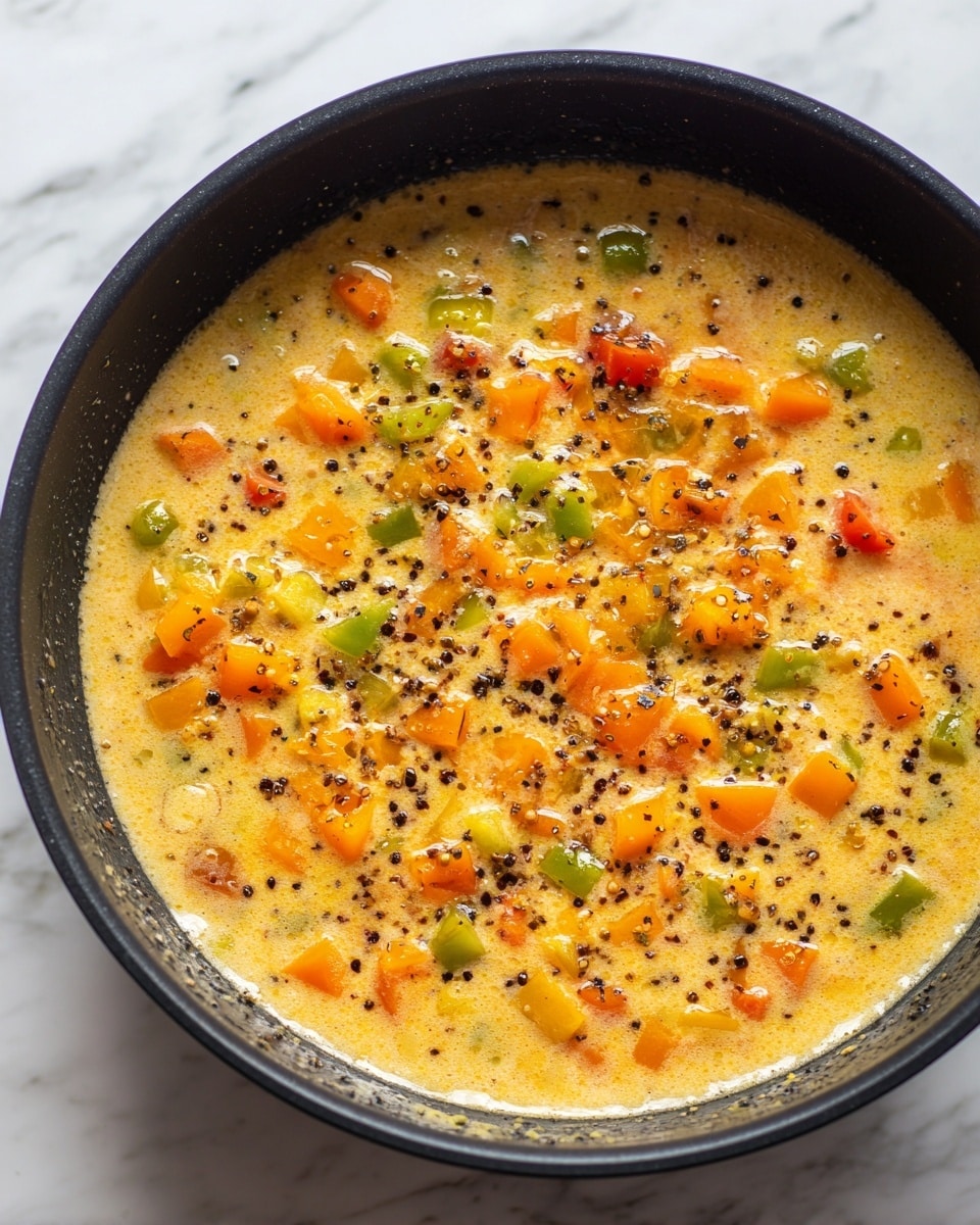 A close-up view of a black pan filled with a cooking mixture. The bottom layer is a light yellow sauce with small black pepper specks evenly spread through it. Around the edges, there are small chunks of bright orange and green bell peppers, partially covered by the sauce, giving a mix of smooth and chunky textures. The surface shines slightly with drops of oil glistening. The background is a white marbled texture. photo taken with an iphone --ar 4:5 --v 7