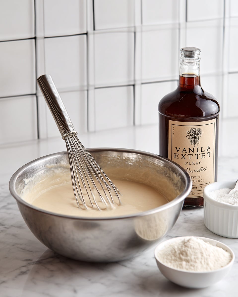 A metal mixing bowl sits on a white marbled countertop, filled with a light beige, smooth batter, with a metal whisk resting inside the bowl. To the right of the bowl, there is a clear glass bottle filled with dark brown liquid labeled