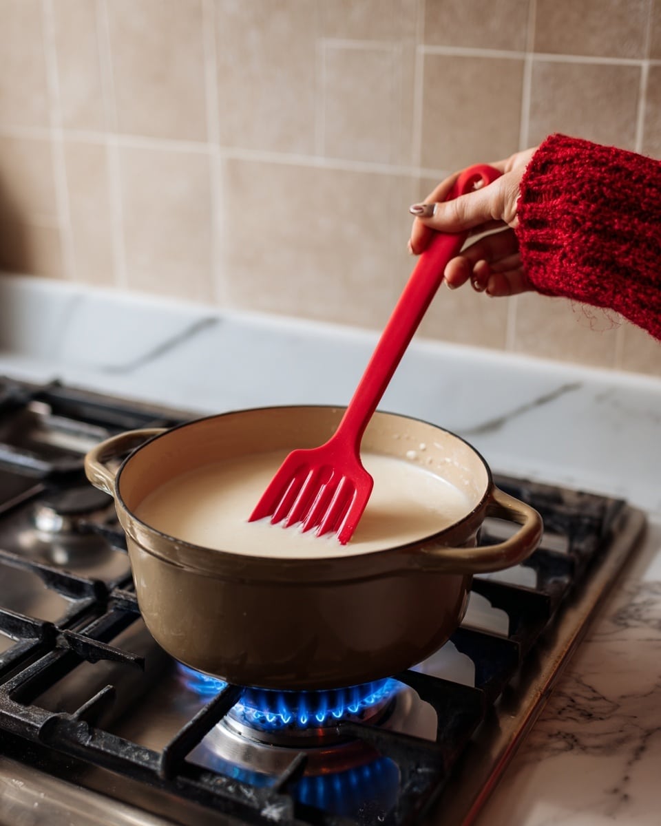 The image shows a close-up of a brown pot on a gas stove with a blue flame. Inside the pot is a creamy white liquid being stirred with a bright red silicone spatula held by a woman's hand wearing a red knitted sleeve. The background features light beige tiled walls, and the surface visible behind the stove is a white marbled texture. Photo taken with an iphone --ar 4:5 --v 7