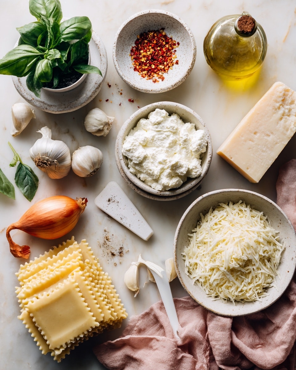 A white marbled surface holds various cooking ingredients neatly arranged: at the top left, fresh green basil leaves in a small white pot; near the center top, a small white bowl with red pepper flakes next to a rough-textured white bowl with coarse salt, and a glass bottle of olive oil to the right; a block of parmesan cheese lies nearby, with part of it slightly worn; next to the cheese, a white bowl filled with soft ricotta cheese; below, three garlic cloves scattered with papery skin around; at the bottom right, a white bowl filled with shredded mozzarella; a soft pink cloth partially under the mozzarella bowl extends towards the center; in the lower middle, a white vegetable peeler lies flat; at the left center, two small shallots and a peeled orange carrot with its peel artistically curled alongside; and at the bottom left, several pieces of dry lasagna pasta sheets with a wavy edge stacked neatly. photo taken with an iphone --ar 4:5 --v 7