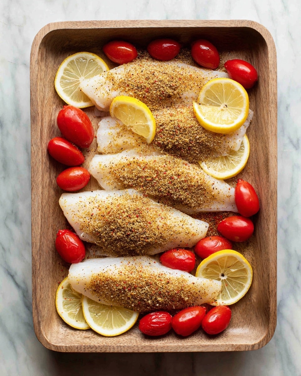 Five pieces of fish fillets, each covered in a light brown spice mix, are placed on a wooden board in a loose circular shape with some space between them. Next to this, in a white baking dish, the same five fish fillets are laid on top of round lemon slices. Around and between the fish pieces are many bright red cherry tomatoes. The fish pieces are sprinkled with the same light brown spice mix. The background is a white marbled texture photo taken with an iphone --ar 4:5 --v 7