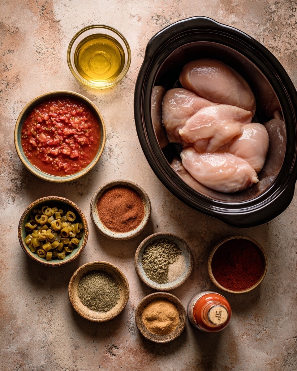 The image shows a large pile of shredded chicken mixed with small chunks of red tomato and bits of green cilantro on a white paper placed over a wooden board. The chicken looks tender and coated with a reddish-brown sauce, filling up most of the center space. Scattered around the chicken are fresh green cilantro leaves and a few halved cherry tomatoes with red flesh. On the right side of the image, a silver fork lies flat on the wooden board beneath the white paper, pointing slightly toward the chicken. In the background, lime halves and a white marbled surface are partially visible, all under soft natural light. photo taken with an iphone --ar 4:5 --v 7