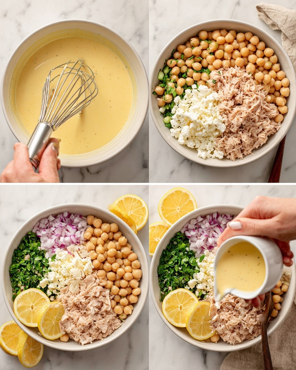 A close-up view of a white bowl filled with a layered chickpea salad. The base layer is made up of round, pale beige chickpeas with a soft, smooth texture. Scattered throughout are small pieces of light pink tuna chunks, finely chopped light purple onions, and small white crumbles of cheese. There are also tiny green herbs sprinkled across the top, adding a fresh touch. In the background, a lemon wedge with bright yellow skin and juicy inside sits on the rim of the bowl. All of this is set against a white marbled surface. Photo taken with an iphone --ar 4:5 --v 7