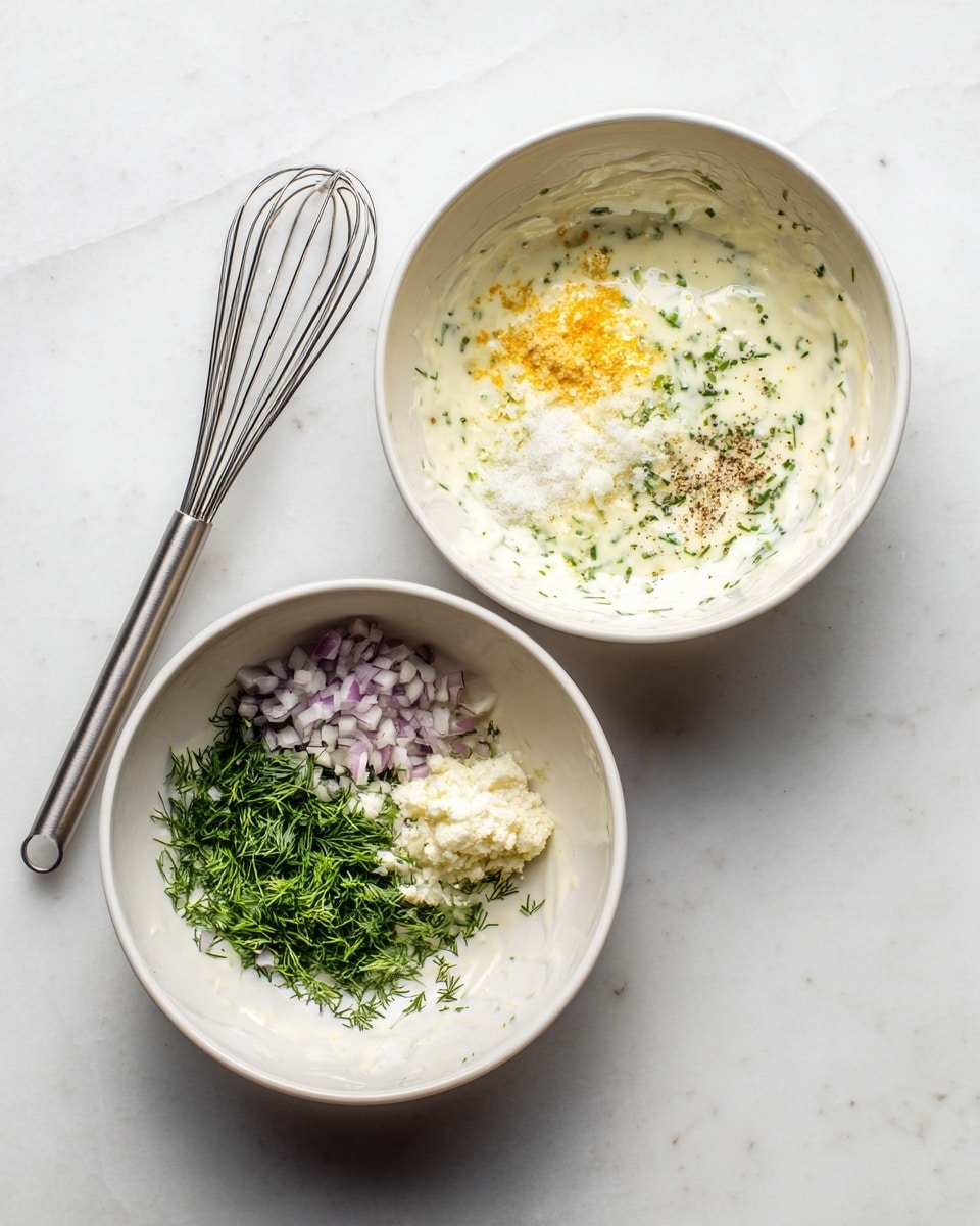 The image shows two white bowls on a white marbled surface. The left bowl contains several separate layers of ingredients before mixing: finely chopped light purple shallots at the bottom, bright green fresh dill on the right side, orange zest on the top right, a dollop of light beige horseradish on the left, black pepper sprinkled at the top left, and a small dollop of white sour cream or mayonnaise near the center. A shiny metal whisk rests beside the bowl. The right bowl shows the same mixture after being combined, resulting in a creamy, pale off-white sauce with visible green dill herbs spread evenly throughout. A metal whisk is dipped into this mixed sauce. The photo taken with an iphone --ar 4:5 --v 7
