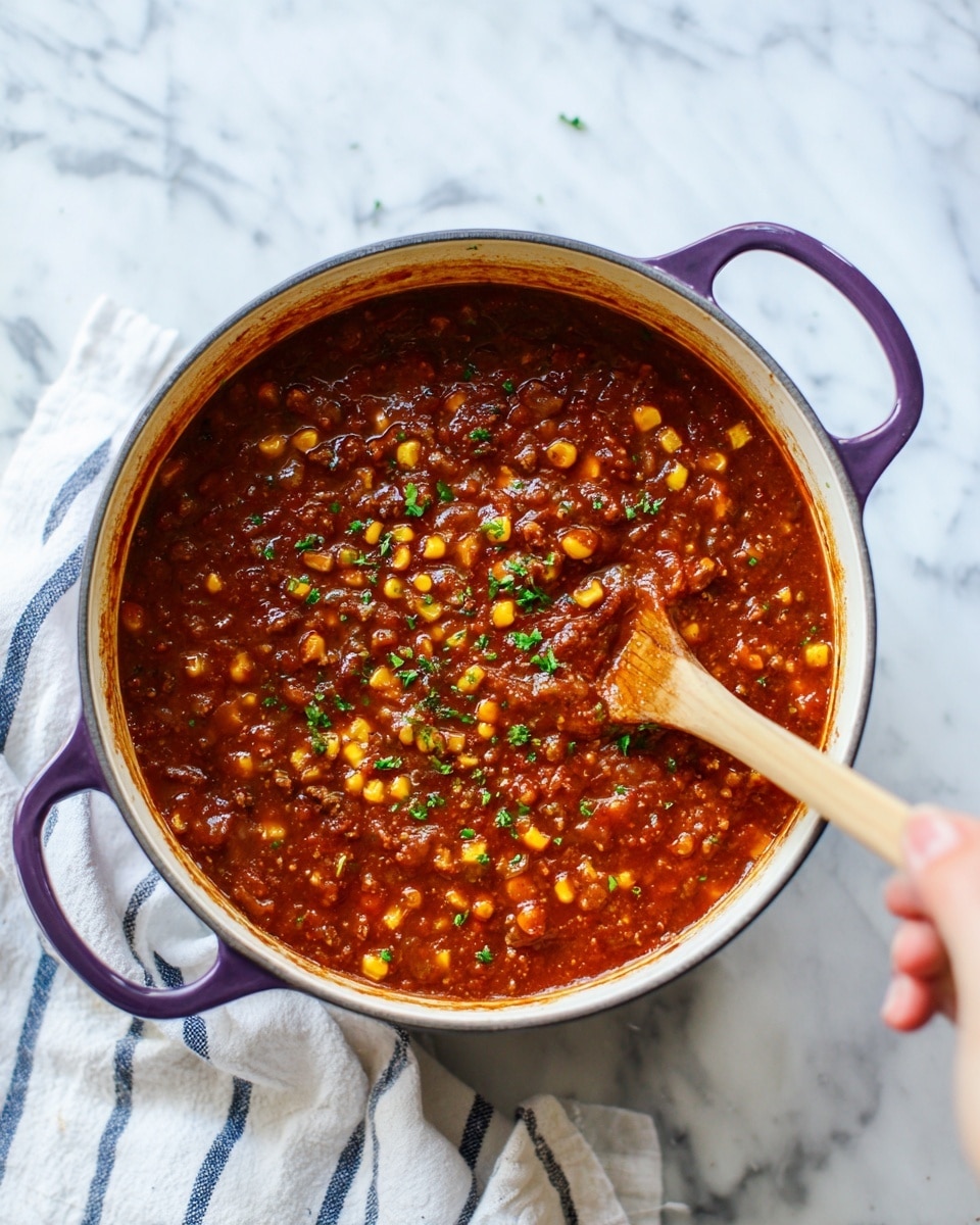 A white bowl filled with thick chili shows a rich, deep red sauce mixed with browned ground meat and yellow corn kernels as the first layer; on top, a layer of shredded orange cheddar cheese and bright green chopped scallions adds color and texture. A wedge of lime rests on the left edge of the bowl, partially submerged in the chili. A wooden spoon, held by a woman's hand, stirs the chili from the bottom right of the bowl. The bowl sits on a white marbled surface with scattered fresh green herbs and some loose shredded cheddar near the top left. A blue and white striped cloth is placed under the spoon at the bottom right. photo taken with an iphone --ar 4:5 --v 7