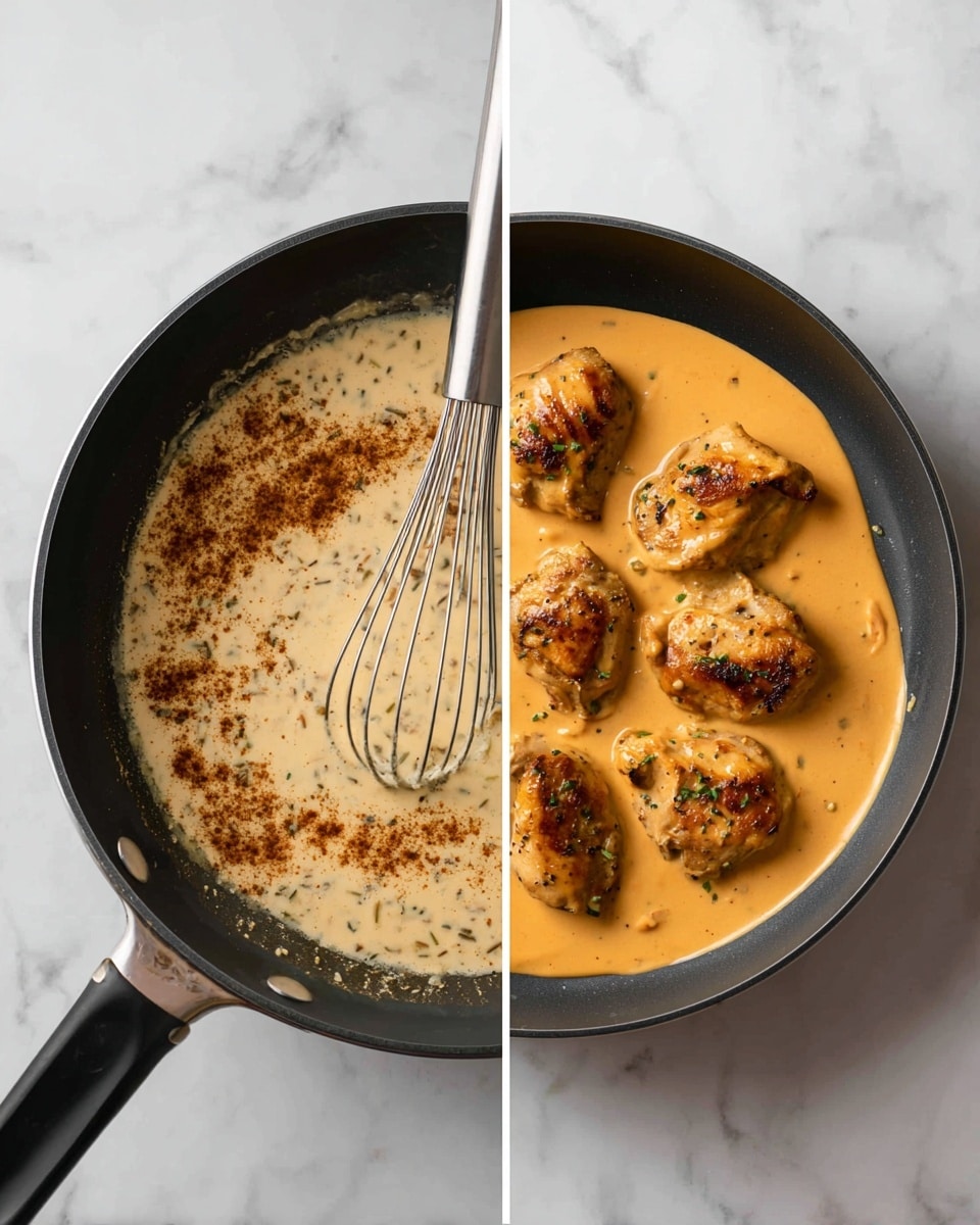 A black pan filled with four large chicken pieces, each covered in a thick orange-yellow creamy sauce with visible herbs and small red spices. The chicken has a slightly browned texture on top with some grilled marks. The sauce has a rich, smooth look and is spread evenly around and under the chicken pieces. Small green parsley bits are sprinkled over the top, adding a fresh touch. The pan is set on a white marbled surface. photo taken with an iphone --ar 4:5 --v 7