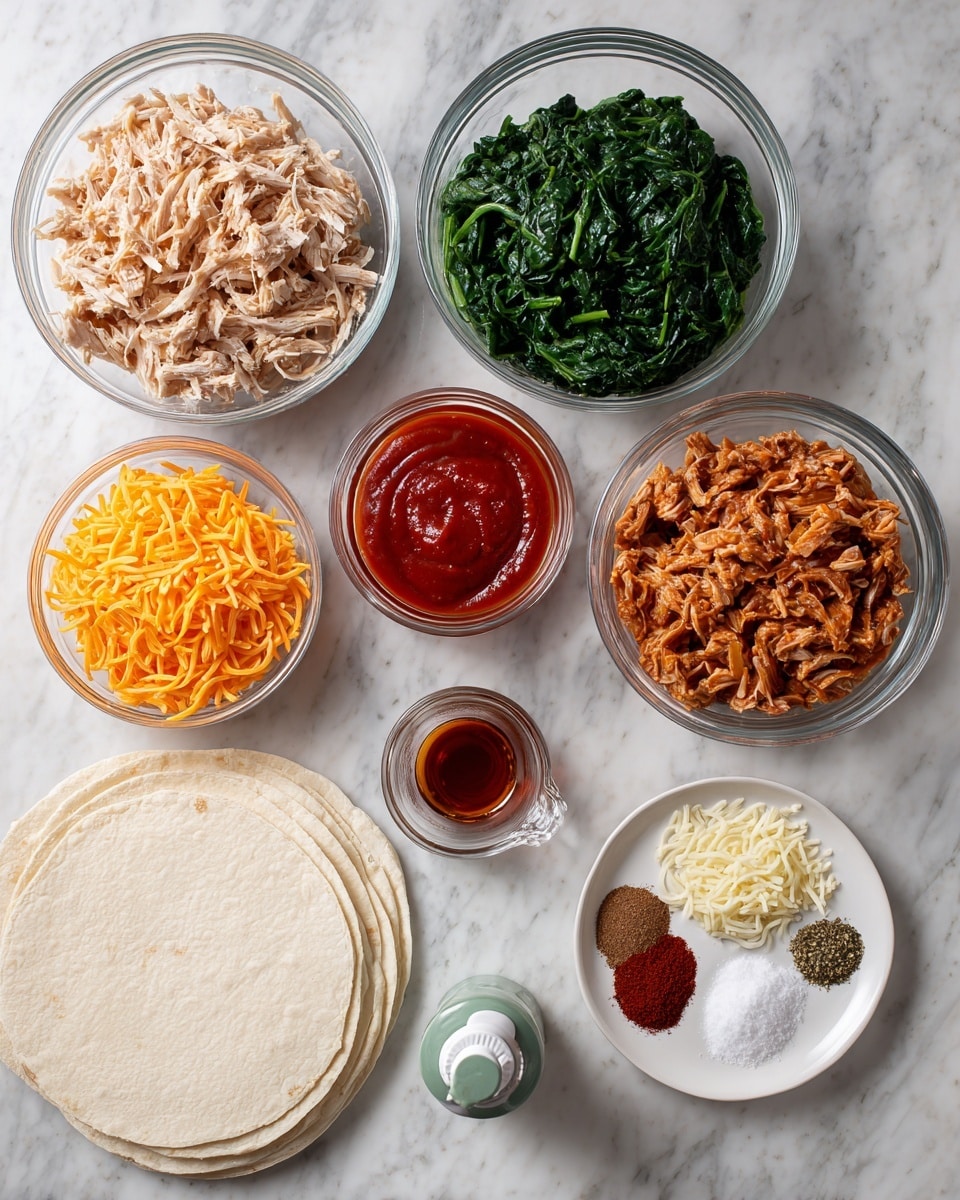 The image shows several clear glass bowls with different ingredients arranged on a white marbled surface: one bowl has shredded cooked chicken in light beige tones, another bowl with bright green chopped spinach, a smaller bowl with orange shredded cheddar cheese, and another bowl with thick brown refried beans with visible texture. A small glass measuring cup holds red tomato sauce, next to a larger glass bowl with shredded orange carrots. A white plate contains a mix of spices in small piles of dark reddish-brown, white, and light yellow. A stack of white flour tortillas lies at the bottom left, and a white and green avocado oil spray bottle stands upright near the center. The photo was taken with an iphone --ar 4:5 --v 7