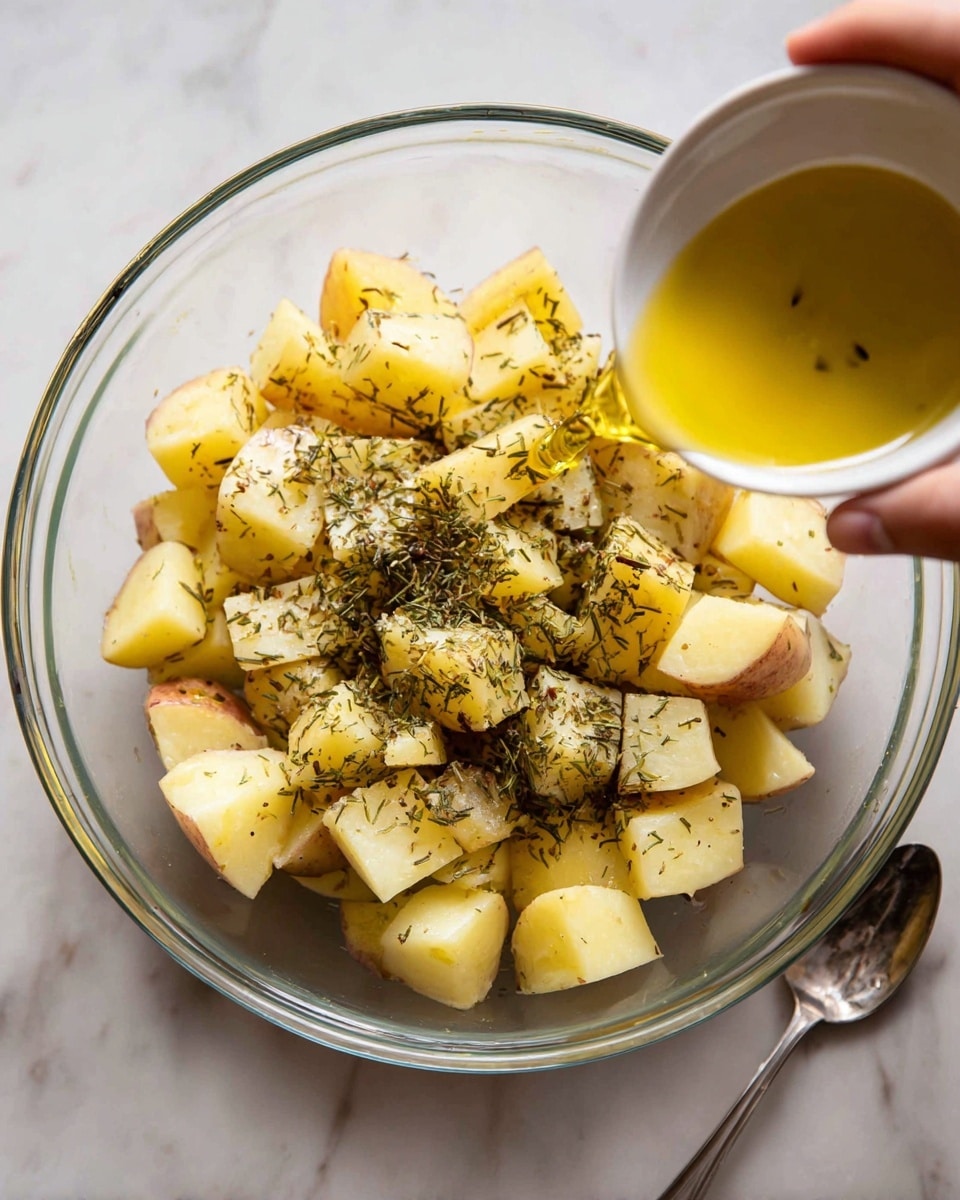 A clear glass bowl filled with roughly cut, pale yellow potato pieces, some showing light brown skin. The potatoes are sprinkled with dried green herbs and coarse light brown seasoning. On the right, a woman's hand pours golden olive oil from a small white bowl onto the potatoes. The bowl is placed on a white marbled surface with a metal spoon lying beside it. photo taken with an iphone --ar 4:5 --v 7