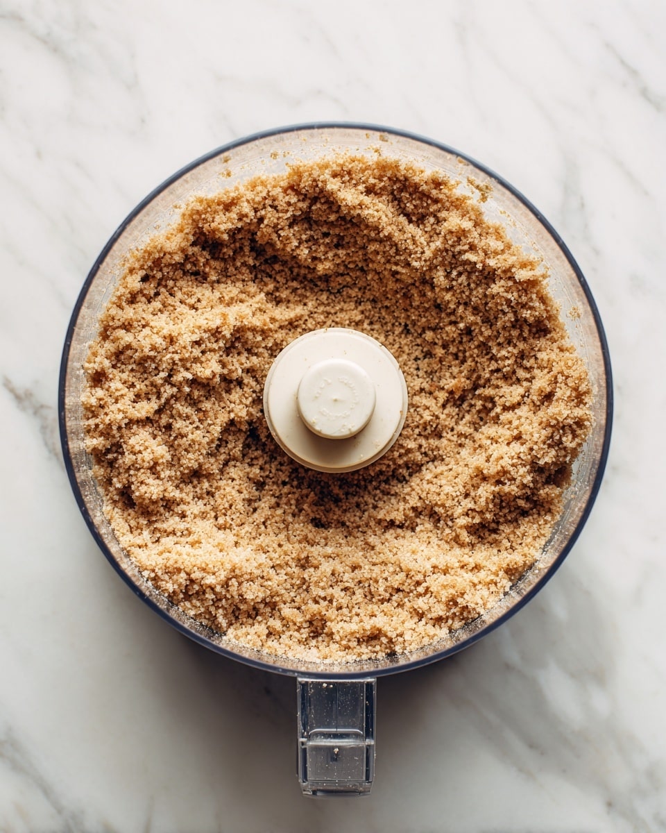A clear round food processor bowl filled with a single layer of finely ground light brown crumb mixture, evenly spread inside the bowl with slightly coarse texture, sitting on a white marbled surface. The bowl has a central hollow tube and a clear handle extending outwards. Photo taken with an iphone --ar 4:5 --v 7