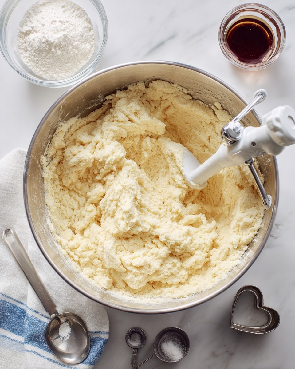 A large silver mixing bowl filled with thick, pale yellow dough showing a rough and slightly crumbly texture inside, with a white metal mixer attachment partially submerged in the dough. Around the bowl on a white marbled surface are small metal measuring spoons, a glass bowl filled with white powder, a small heart-shaped metal cookie cutter, a glass container with dark brown liquid, and a white cloth with blue stripes. Photo taken with an iphone --ar 4:5 --v 7